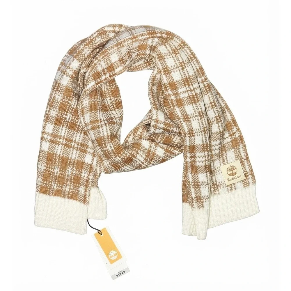 Timberland Wheat Cream Plaid Knit Scarf NWT Unisex Ribbed Winter Accessory